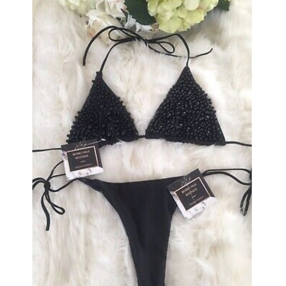 NEW! PEARL BIKINI BLACK SWIMSUIT 2 PIECE SET THONG - Picture 3 of 12